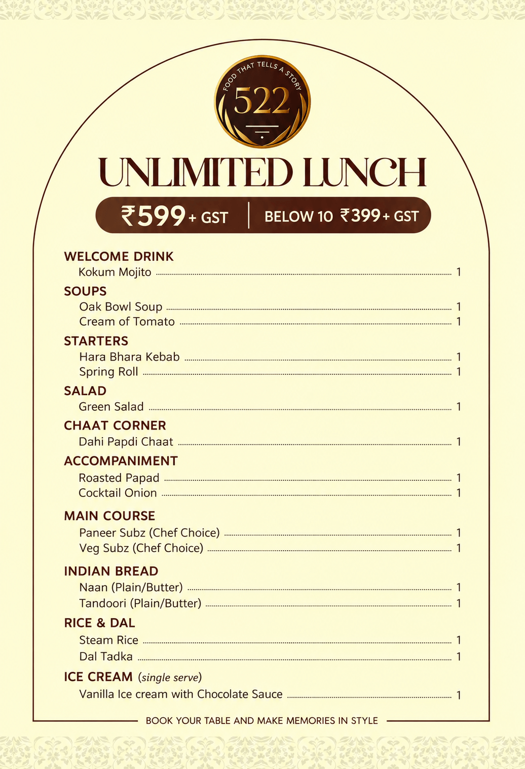 Elegant Unlimited Lunch Menu